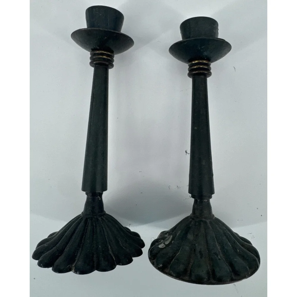 Vintage Pair of Brass And Green Candle Holders Made in Israel 6 inches Tall